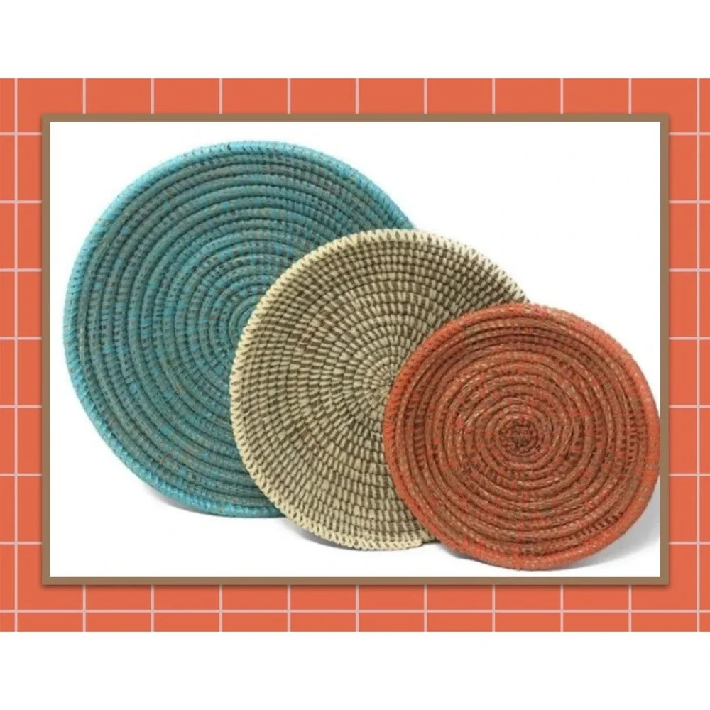 NEW FairTrade Set of 3 African Handwoven Rattan Baskets Turquoise Orange Cream‎